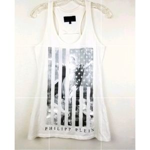 Philipp Plein Couture Ivory Familia Graphic Logo Sleeveless Tank Top Size Medium
